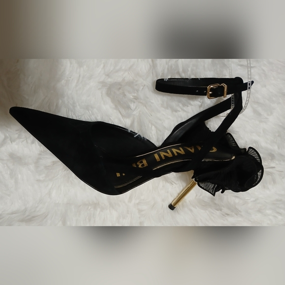 Black Suede Ankle Strap Dress Pumps with 3.5" gold-tone heels & ruffle detail - Picture 7 of 11